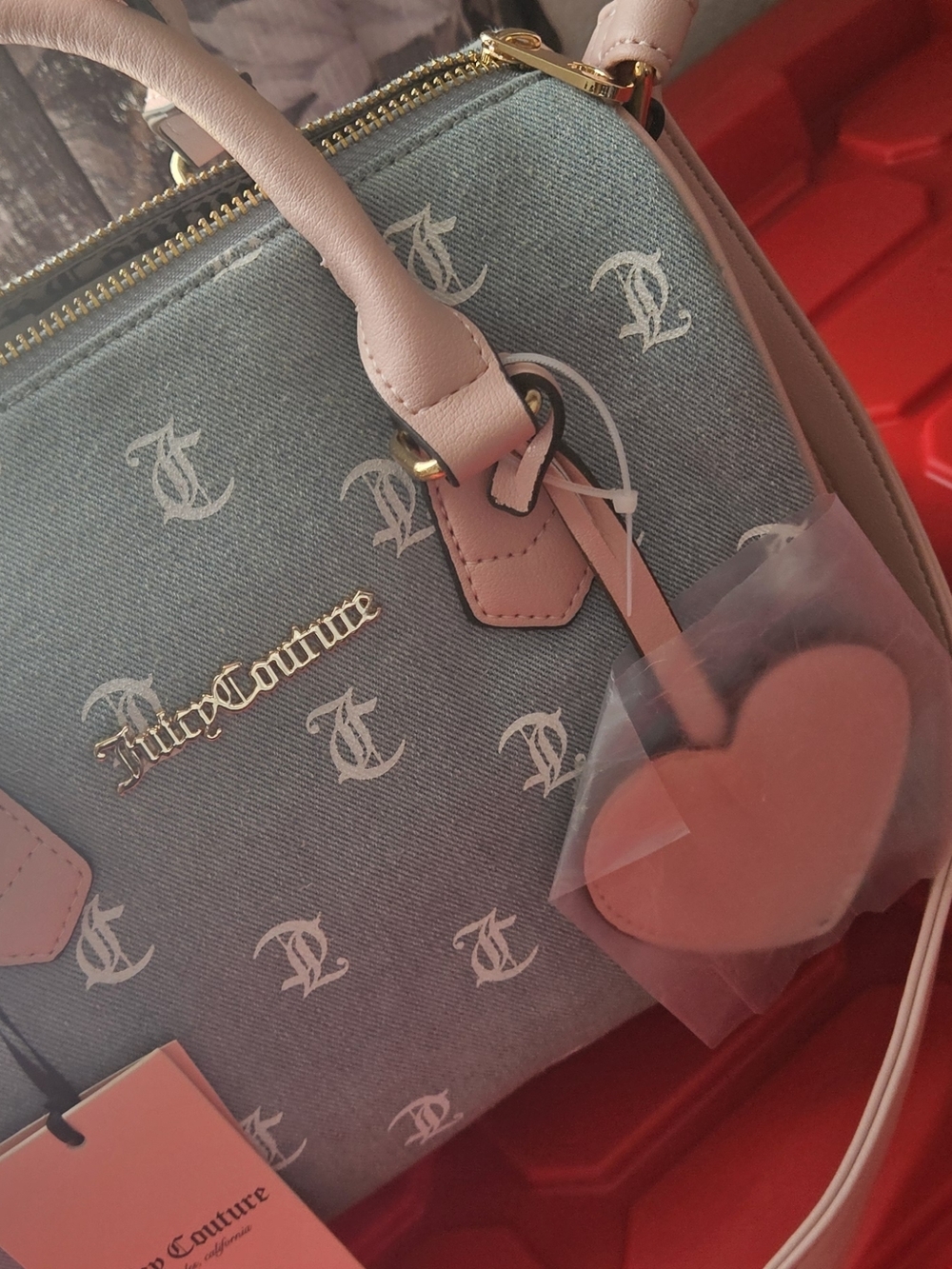 Juicy Couture Blue Denim Satchel with Pink Trim and Heart Charm